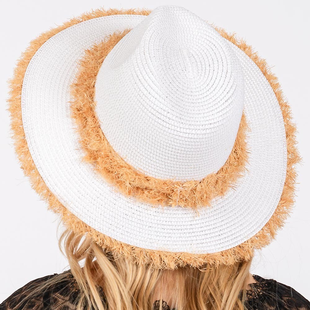 Bohemian Frayed Brim Straw Hat for Women Outdoor Wide Brim Sun Hat White