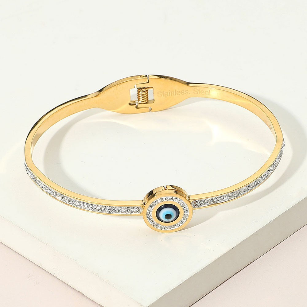 2Pcs Gold Evil Eye Bangle Set Stainless Steel Rhinestone Protection Jewelry Gift