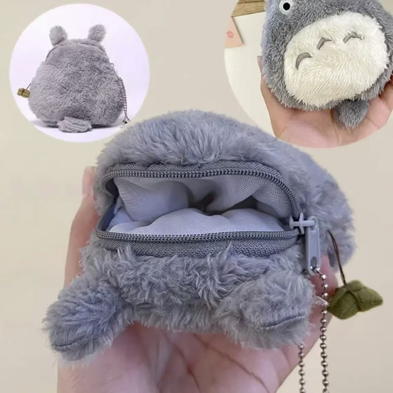Fluffy Grey Forest Spirit Coin Purse Plush Key Chain Pouch Small Zipper Bag