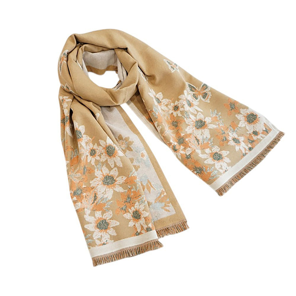 Light Beige Floral Butterfly Shawl Wrap Long Fringe Soft Gift for Her Women