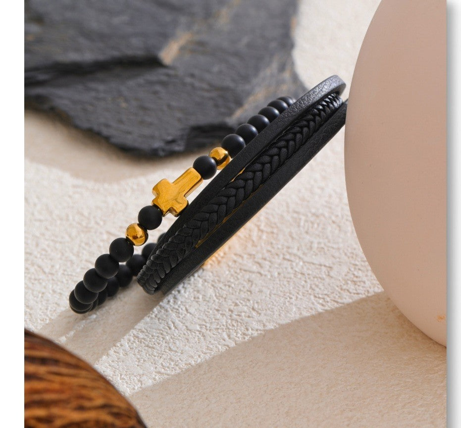 2PCS Black Leather Beaded Cross Bracelet Set Gold Silver Tone Stainless Steel