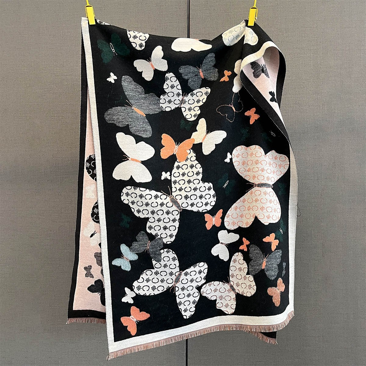 Oversized Butterfly Print Scarf Shawl Wrap | Soft Cashmere Feel Black Orange