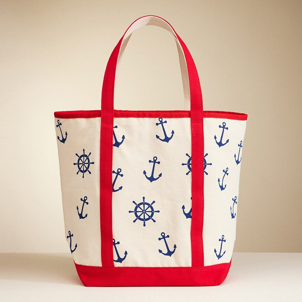 Anchor Wheel Printed Canvas Tote Bag Nautical Beach Travel Shoulder Handbag