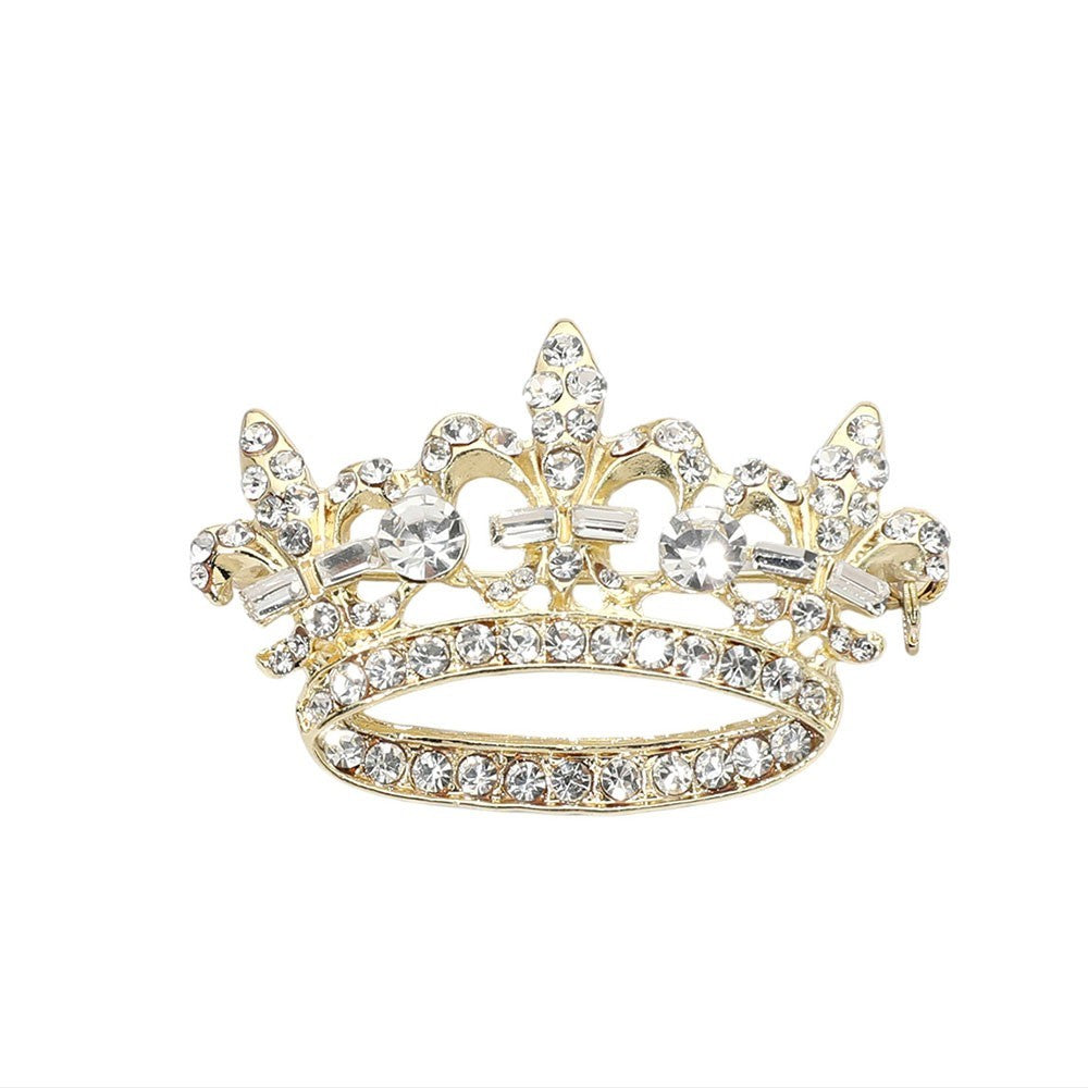 2pcs Rhinestone Crown Brooch Pin Set Gold and Silver Tone Fleur De Lis Royal
