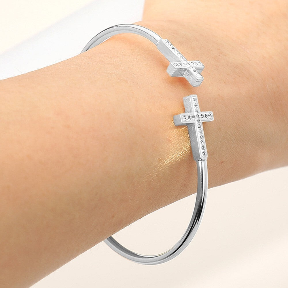 Paved Cross Tip Stainless Steel Open Cuff Bracelet for Women Religious Bangle
