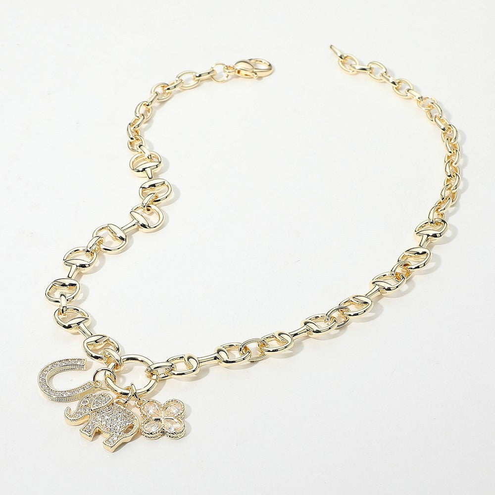 Gold Dipped Link Chain Necklace CZ Charm Horseshoe Elephant Clover Luck 17.5in
