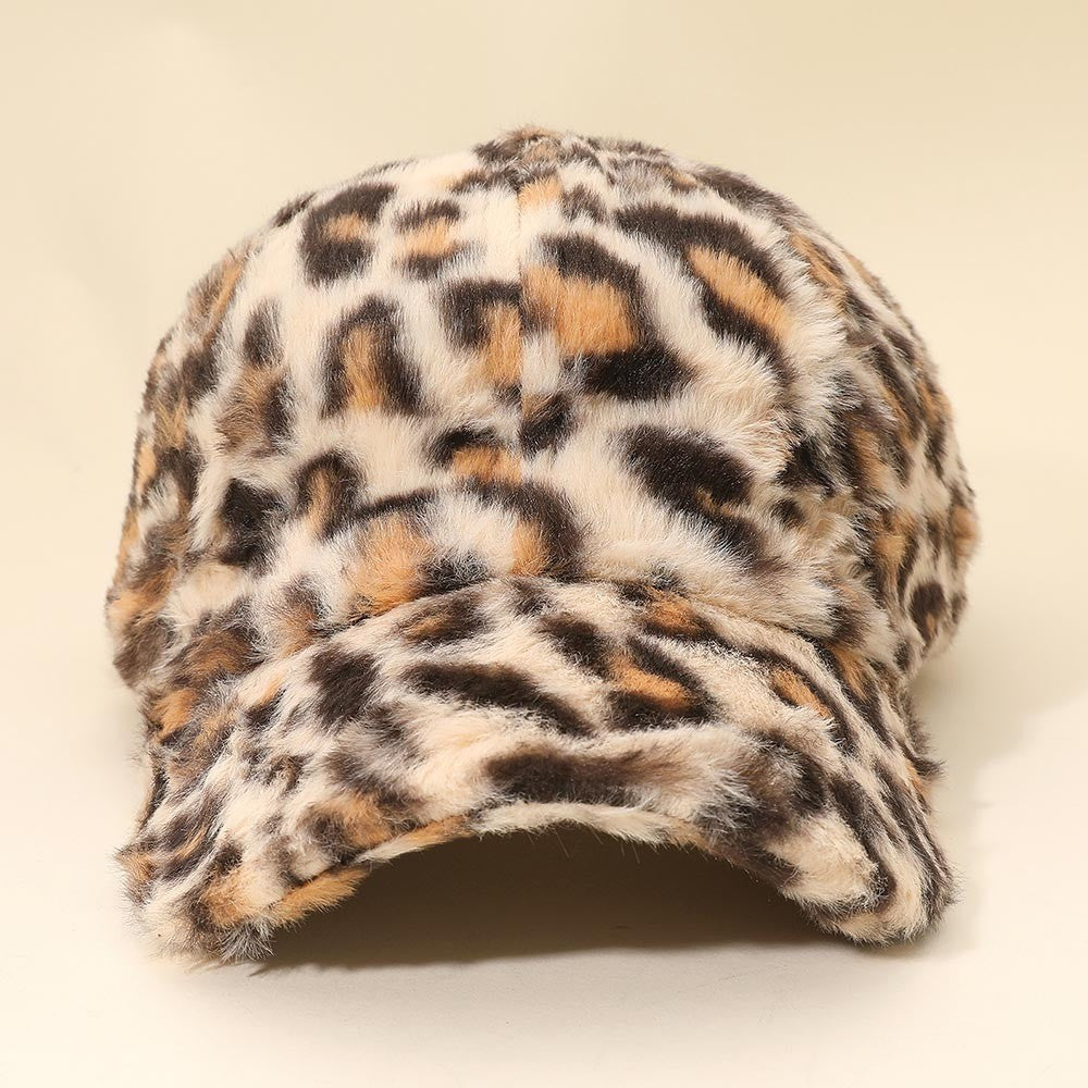 Funky Faux Fur  Beige Leopard Print Baseball Cap Adjustable Unisex Hat