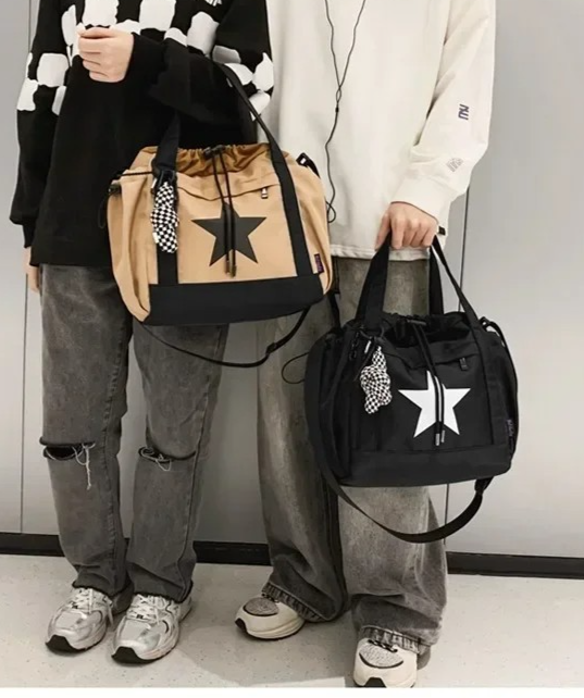 2-Pack Star Drawstring Tote Shoulder Bag Set Khaki Black White Crossbody Bags