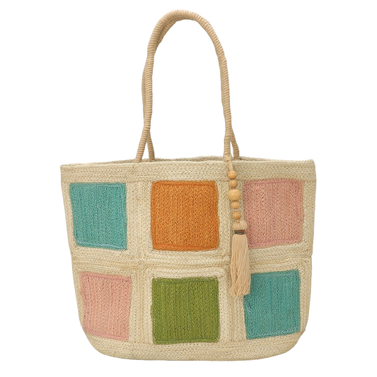 Colorful Block Woven Jute Tote Bag with Tassel Detail and Rope Top Handles