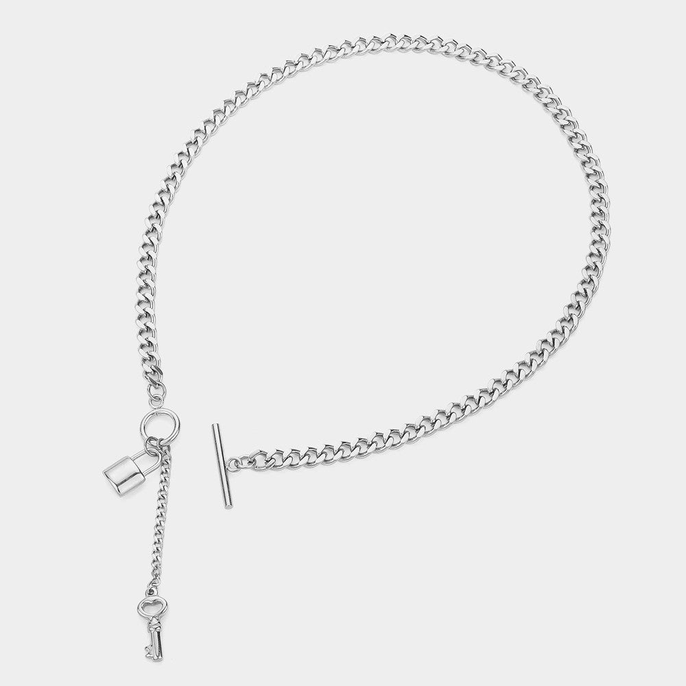 Cuban Chain Toggle Lock Key Necklace Stainless Steel Waterproof 16.5 + 2.8 in