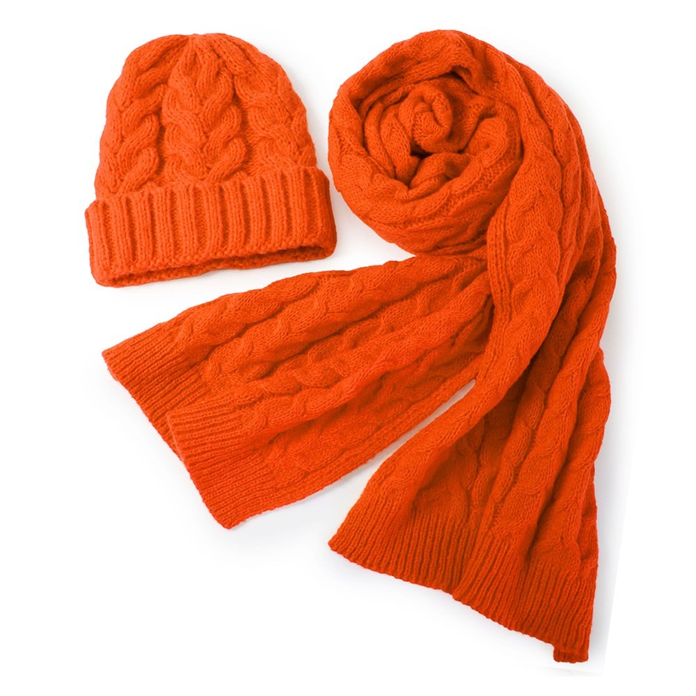 Cable Knit Hat Scarf Set 100% Polyester Scarf Matching Hat Set Red Cold-weather