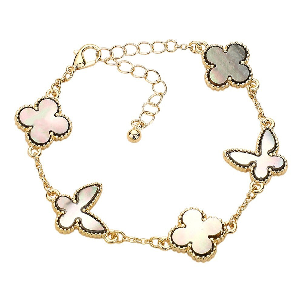 2-in-1 Clover & Butterfly Bracelet Set for Women Red & Beige Link Bracelet Sets