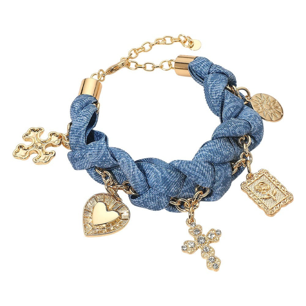 Cross Heart Flower Charm Denim Braided Statement Bracelet for Women Jewelry
