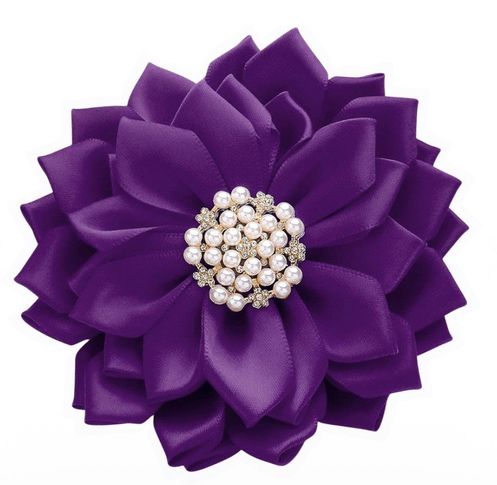 Purple Satin Ribbon Flower Pearl Rhinestone Hair Clip & Brooch Pin 5"x5"