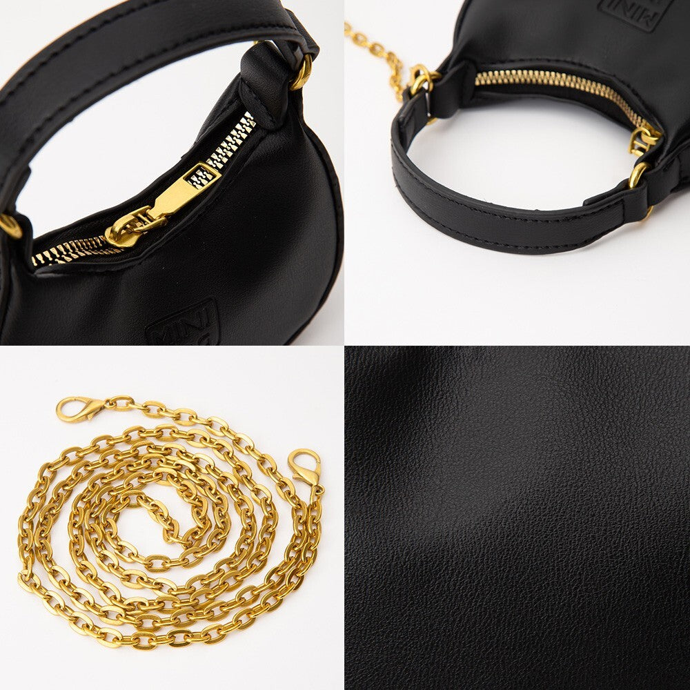 Black Faux Leather Mini Hobo Handbag with Gold Chain Crossbody Strap