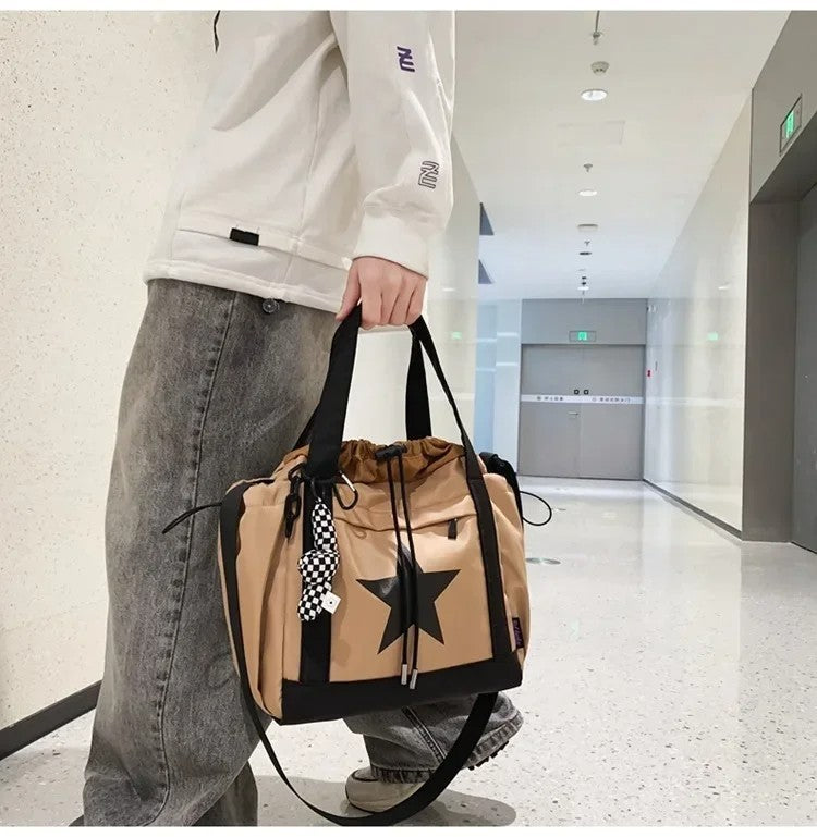 2-Pack Star Drawstring Tote Shoulder Bag Set Khaki Black White Crossbody Bags