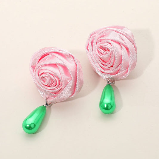Elegant Pink Satin Ribbon Rose Earrings with Green Teardrop Pearl Dangle Charms