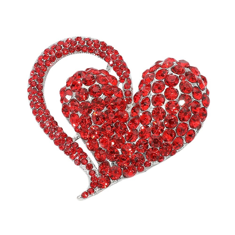 Red Heart Crystal Brooch Rhinestone Valentine Silver Tone Pin Romantic Jewelry