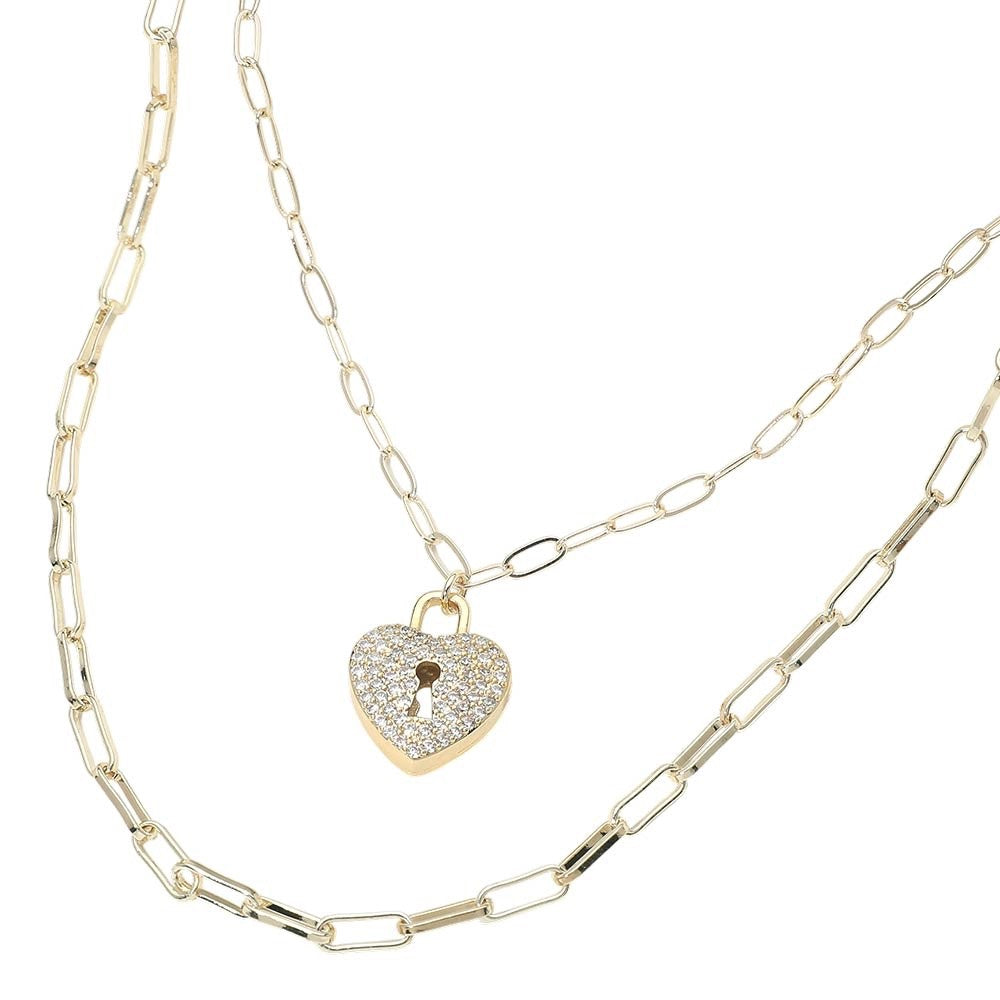 Gold Multi Layer Paperclip Chain Pave Heart Keyhole Charm Pendant Necklace