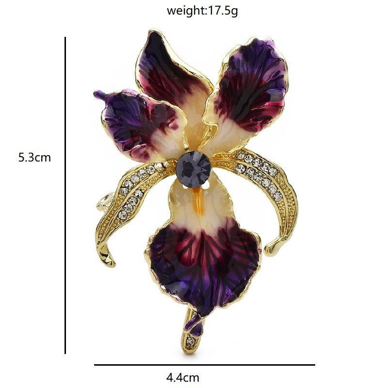 Purple Orchid Flower Brooch Pin Gold Tone Enamel Rhinestone Jewelry Statement
