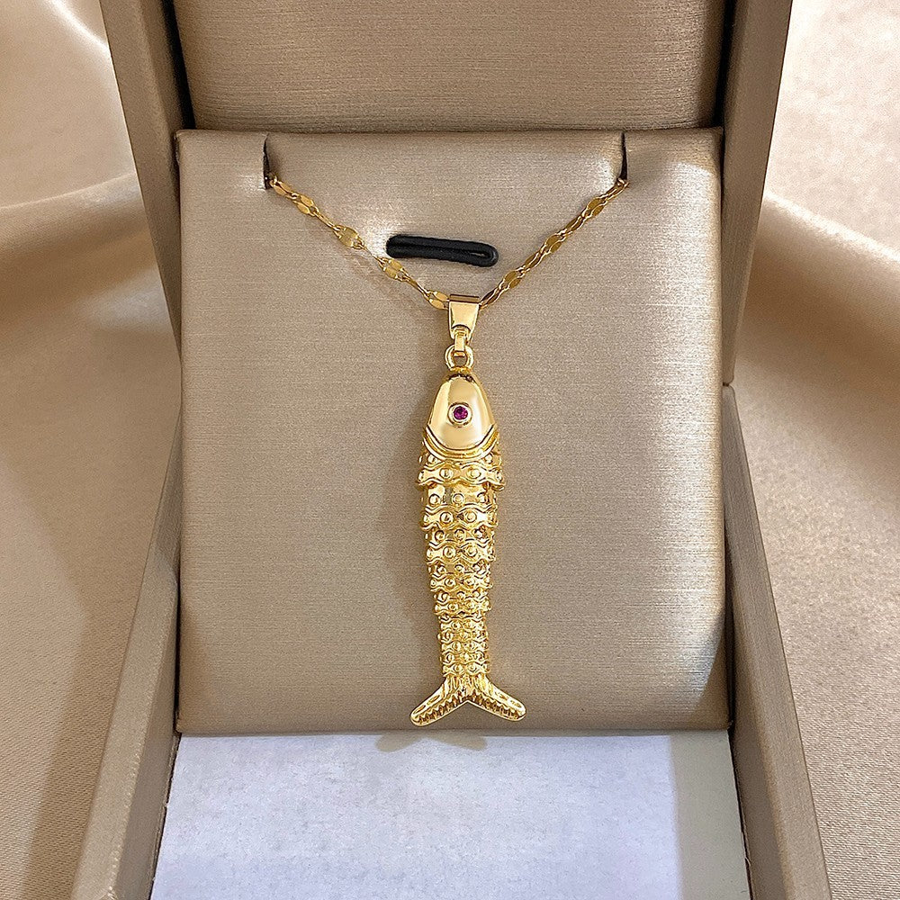 Gold Fish Pendant Necklace Textured Scale Dainty Red Eye Charm Chain Jewelry Gif
