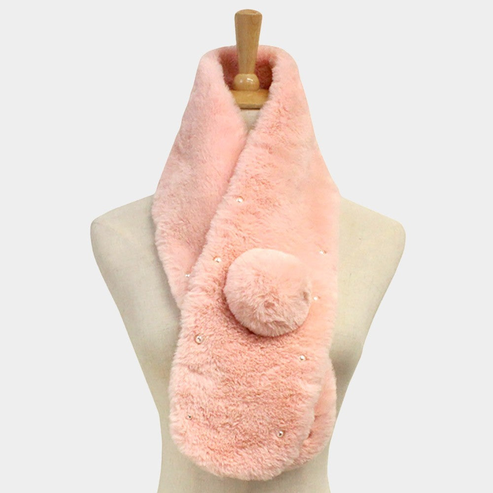Pearl Embellished Faux Fur Pom Pom Pull-Through Collar Scarf for Women Pink
