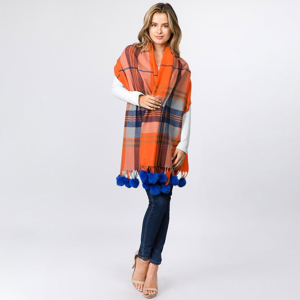 Faux Fur Pom Pom Plaid Scarf with Tassels Winter Warm Cozy Wrap for Women
