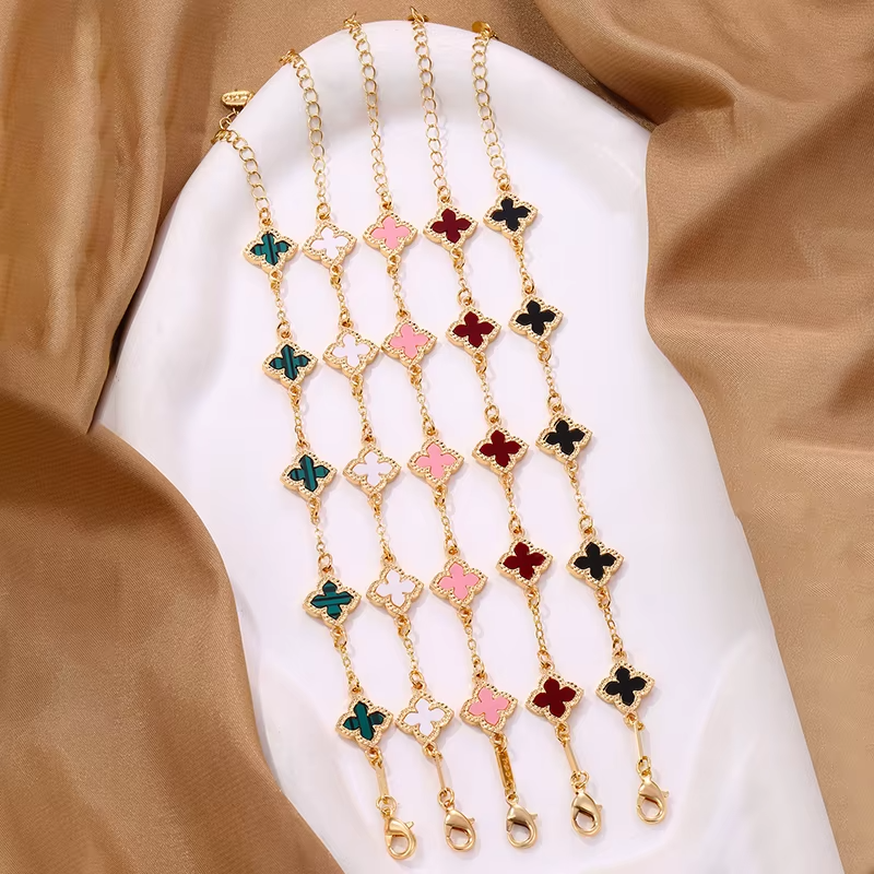 5pc Clover Bracelet Set Gold Tone Enamel Charm Good Luck Holiday Gift Women