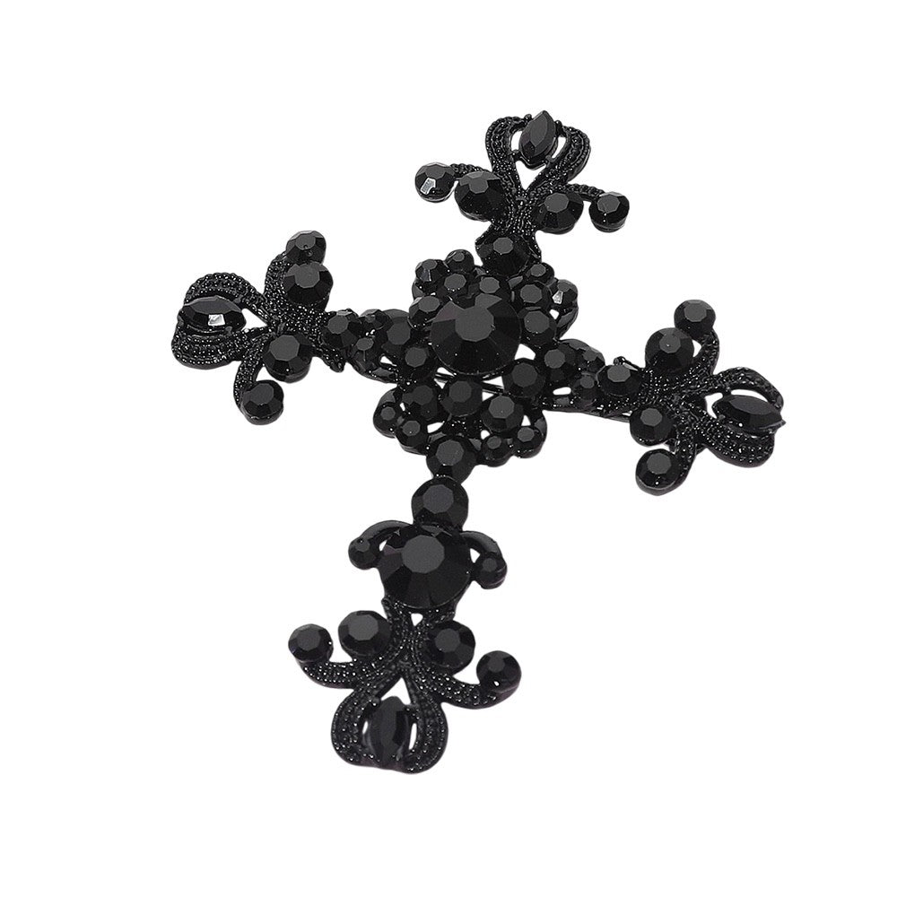 2pcs Gothic Cross Brooch Set Antique Gold & Black Crystal Religious Statement Pi