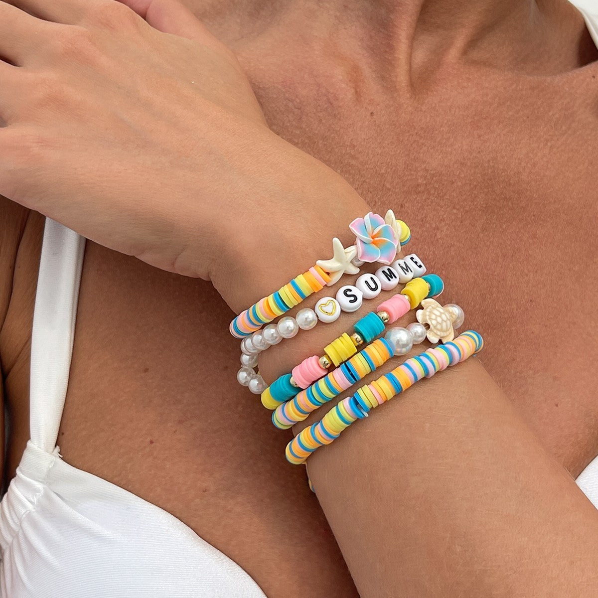 Summer Themed Beaded Bracelet Set with Turtle, Starfish & Floral Accents