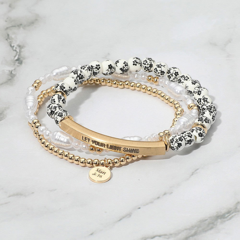 Let Your Light Shine Stackable Bracelet Set Pearl Floral Gold Tone Matt 5:16
