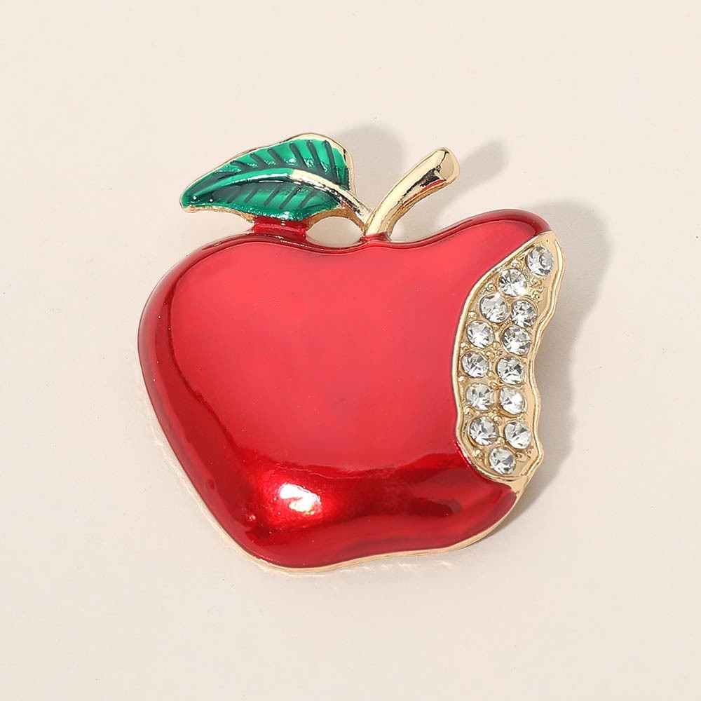 2pcs Red Enamel Bitten Apple Brooch with Rhinestone Accent Gold Tone Fruit Pin