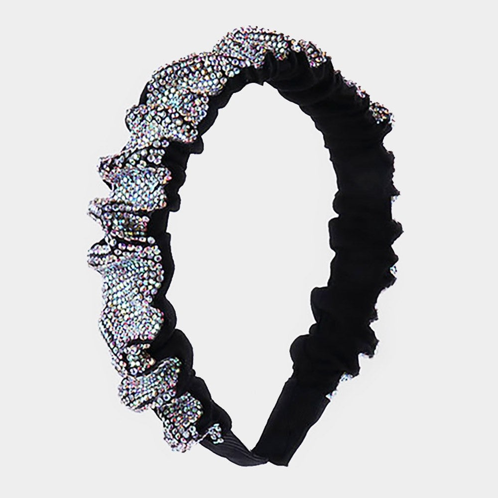 Black Ruffled Crystal Rhinestone Glamorous Headband Chic Luxe Hair Accessory