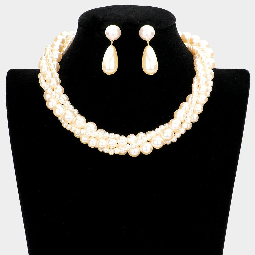 Women's Fashion Multi-Strand Braided Faux Pearl Choker Necklace and Earring Set