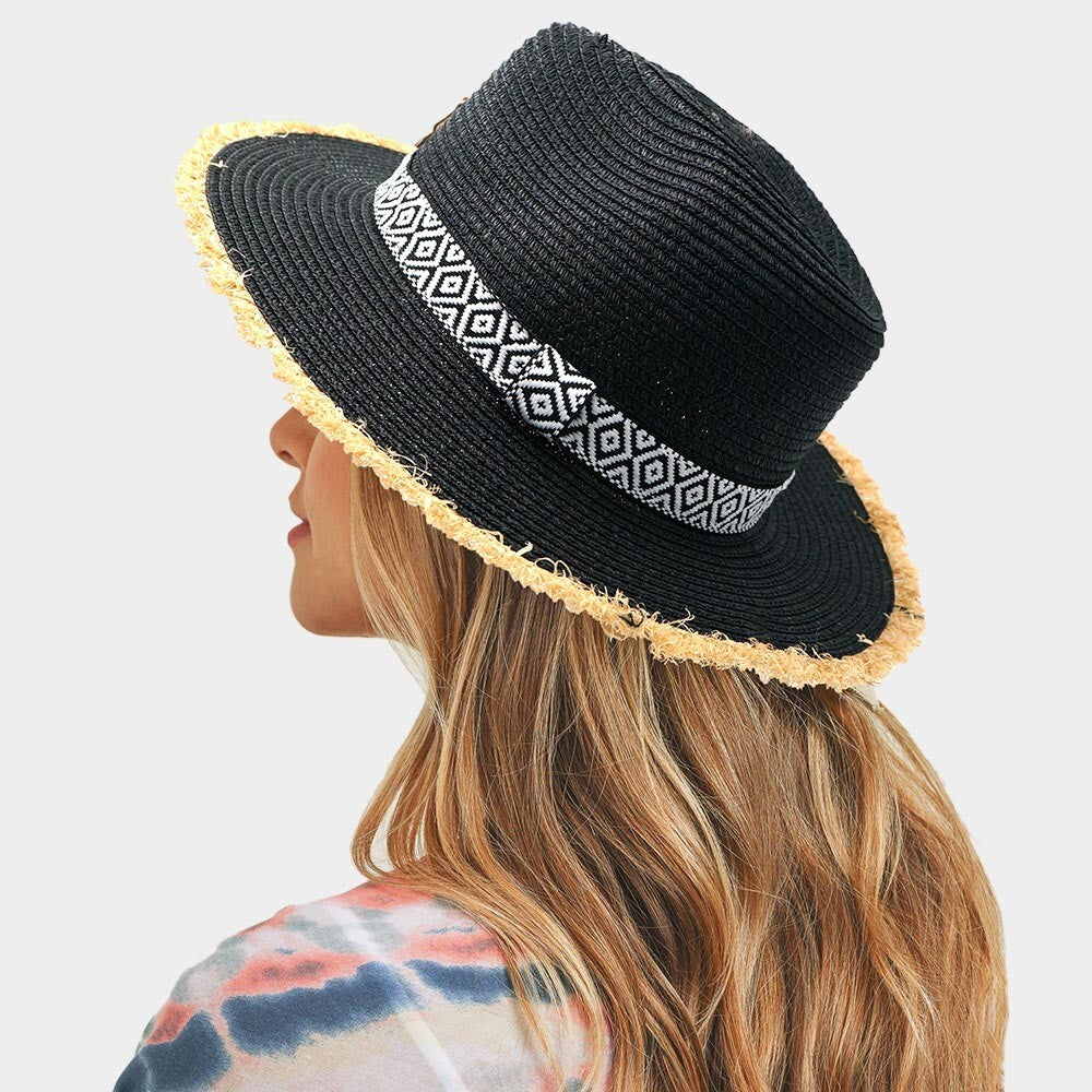 Frayed Trim Aztec Straw Hat for Women Summer Boho Style Beach Sun Hat