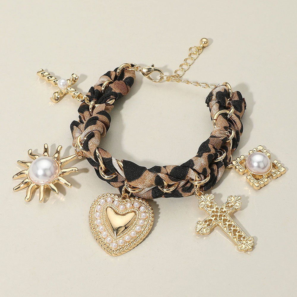 Embellished Charms Bracelet  Leopard Fabric Chain Statement Jewelry