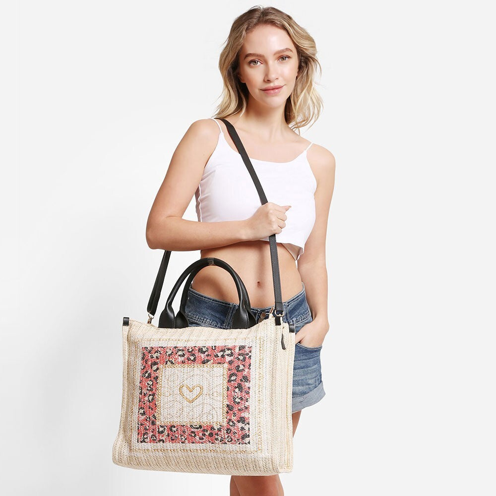 Heart Printed Straw Tote Bag Crossbody Purse for Women Summer Travel Beach Style