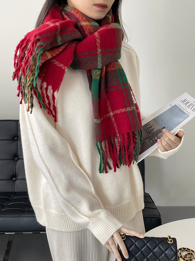 2 Pack Oversized Plaid Scarves Set Faux Cashmere Winter Shawl Wrap Red Green