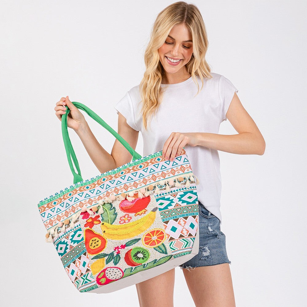 Fruit Boho Print Pom Pom Fringe Tote Bag Summer Beach Shoulder Bag Purse