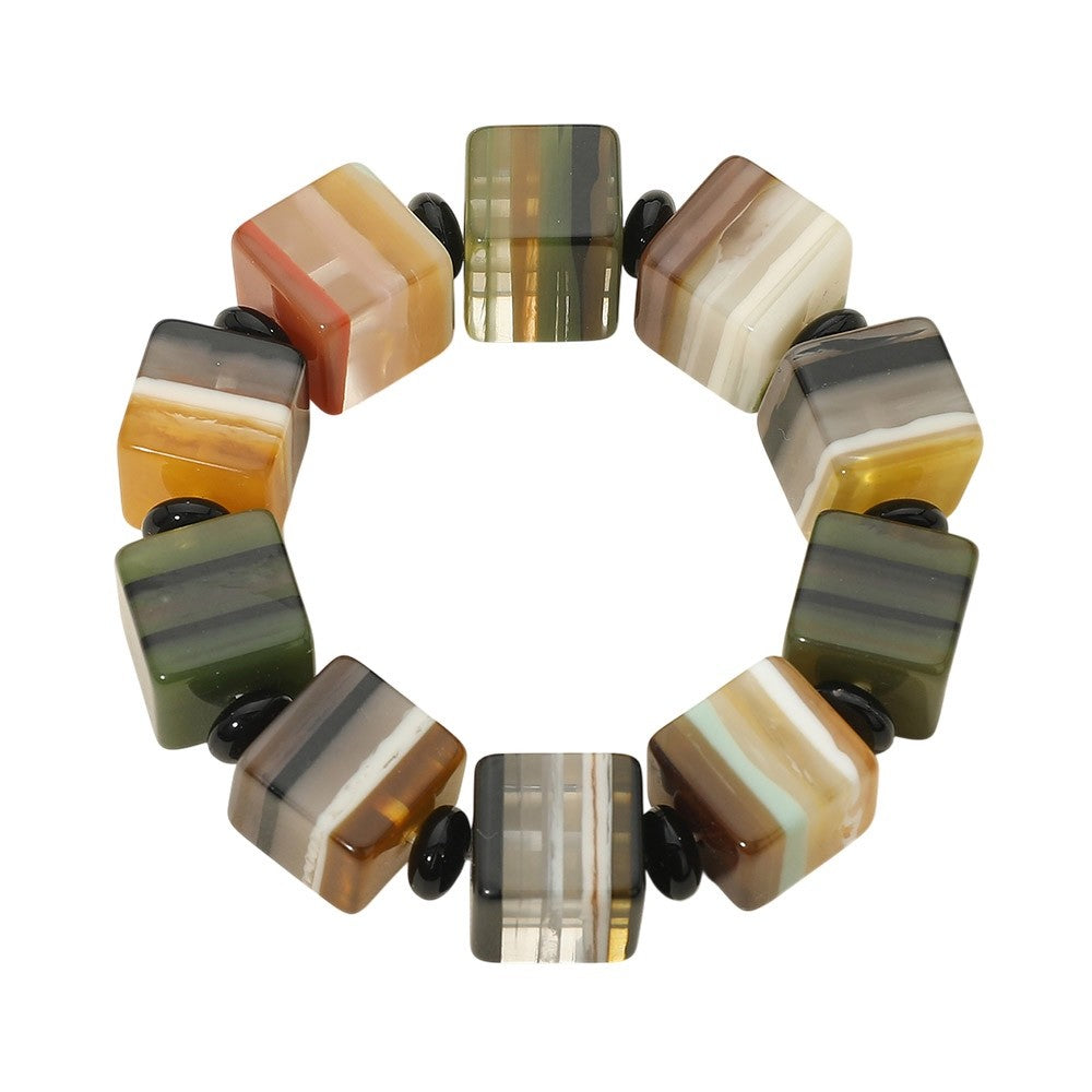 Earth Tone Striped Resin Square Bead Stretch Bracelet Mixed Natural Colors 0.6"