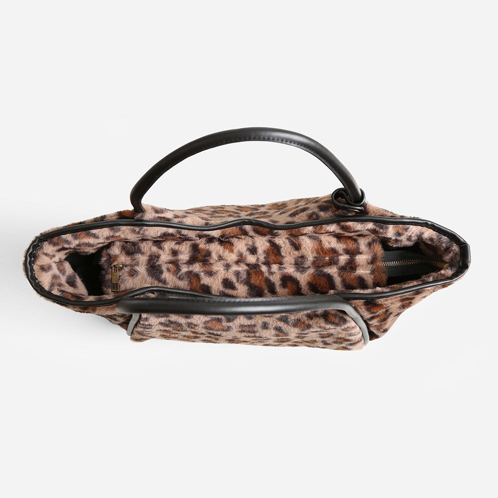Leopard Print Faux Fur Tote Bag Shoulder Purse for Women Chic Animal Print Bags