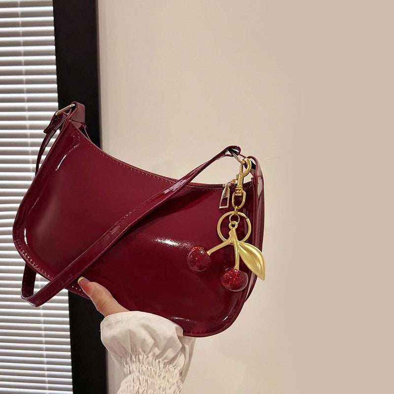 Glossy Cherry Red Patent Shoulder Baguette Bag with Cherry Charm Y2K Aesthetic