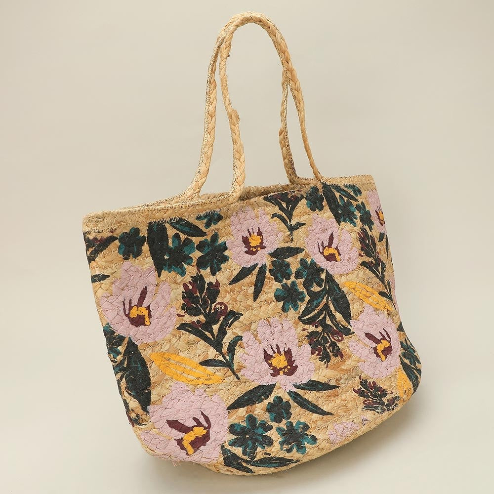 Floral Woven Straw Tote Bag - Large Summer Beach Handbag with Braided Straps