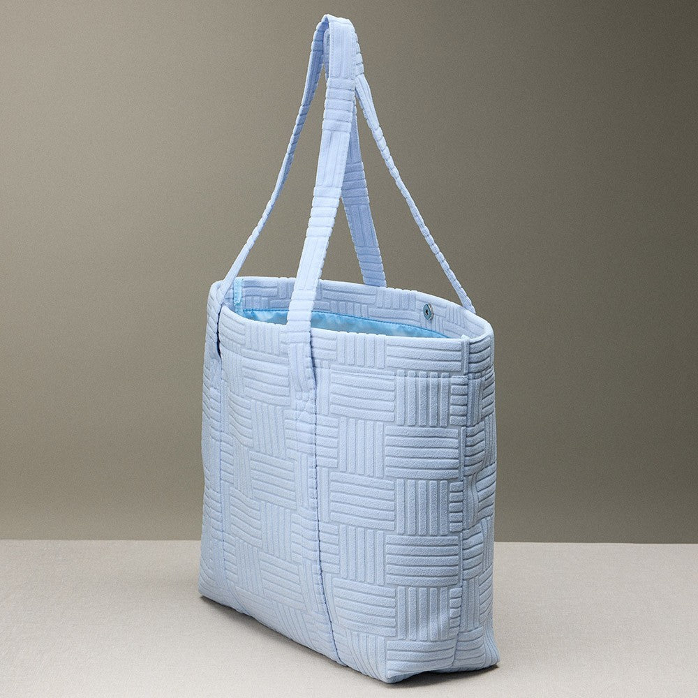 Womens Grid Pattern Everyday Tote Bag Light Blue 100% Polyester Double Handles