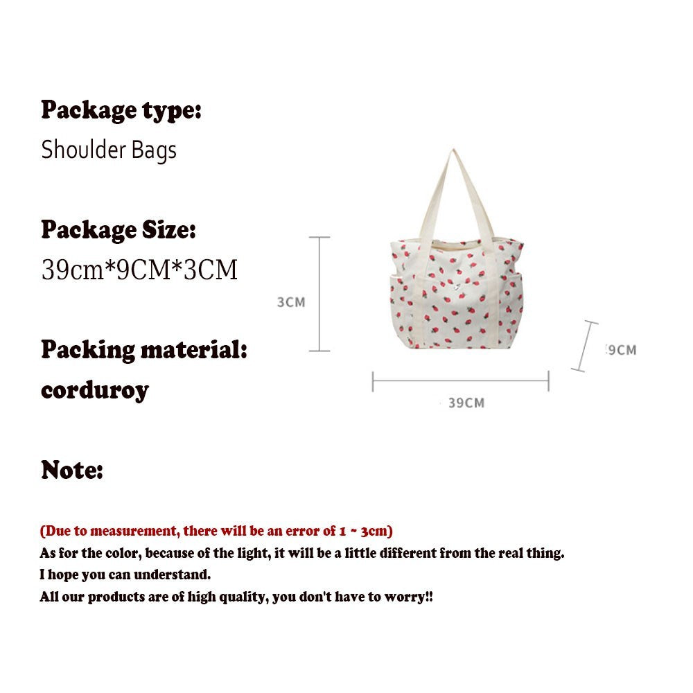 Women’s Corduroy Strawberry Print Tote Bag Large Capacity Shoulder Handbag