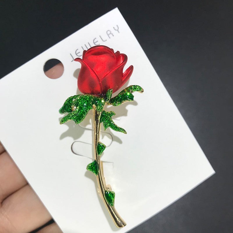 Red Rose Flower Brooch Pin Women Gold Tone Green Rhinestone Jewelry