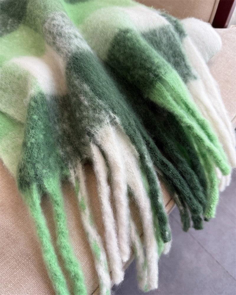 Green Plaid Cashmere Feel Scarf Oversized Winter Shawl Wrap Fringe 94" x 15"