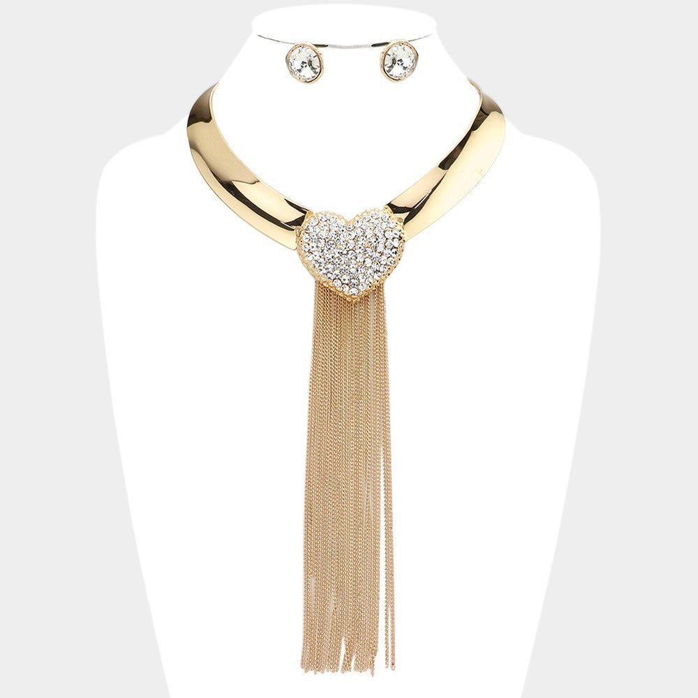 Statement Gold Choker Necklace Earrings Set Rhinestone Heart Tassel Fringe