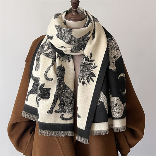 New Reversible Cat Print Shawl Scarf Cashmere Feel Polyester Black Cream