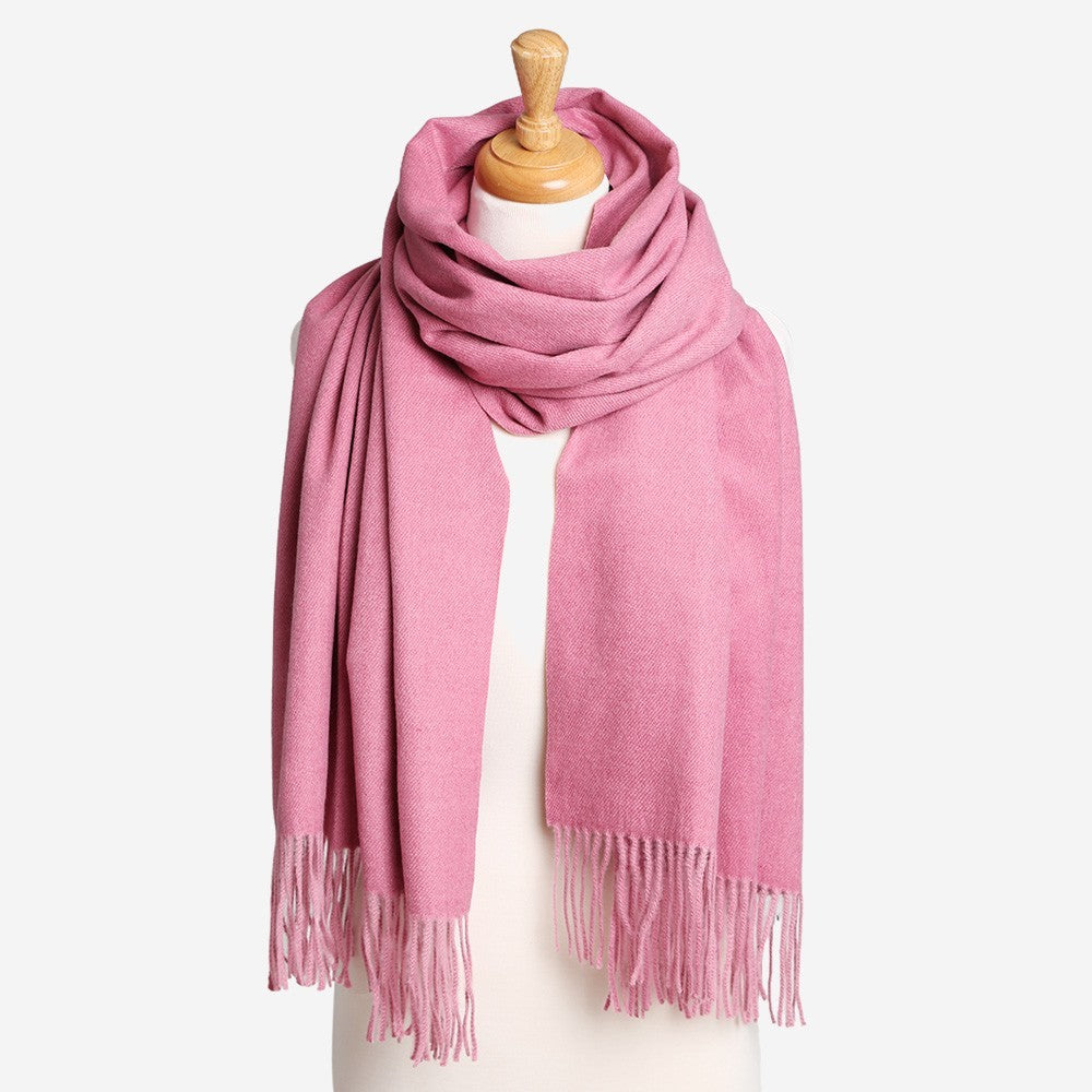 Pink Oblong Scarf with Tassels Lightweight Soft Solid Wrap for Women